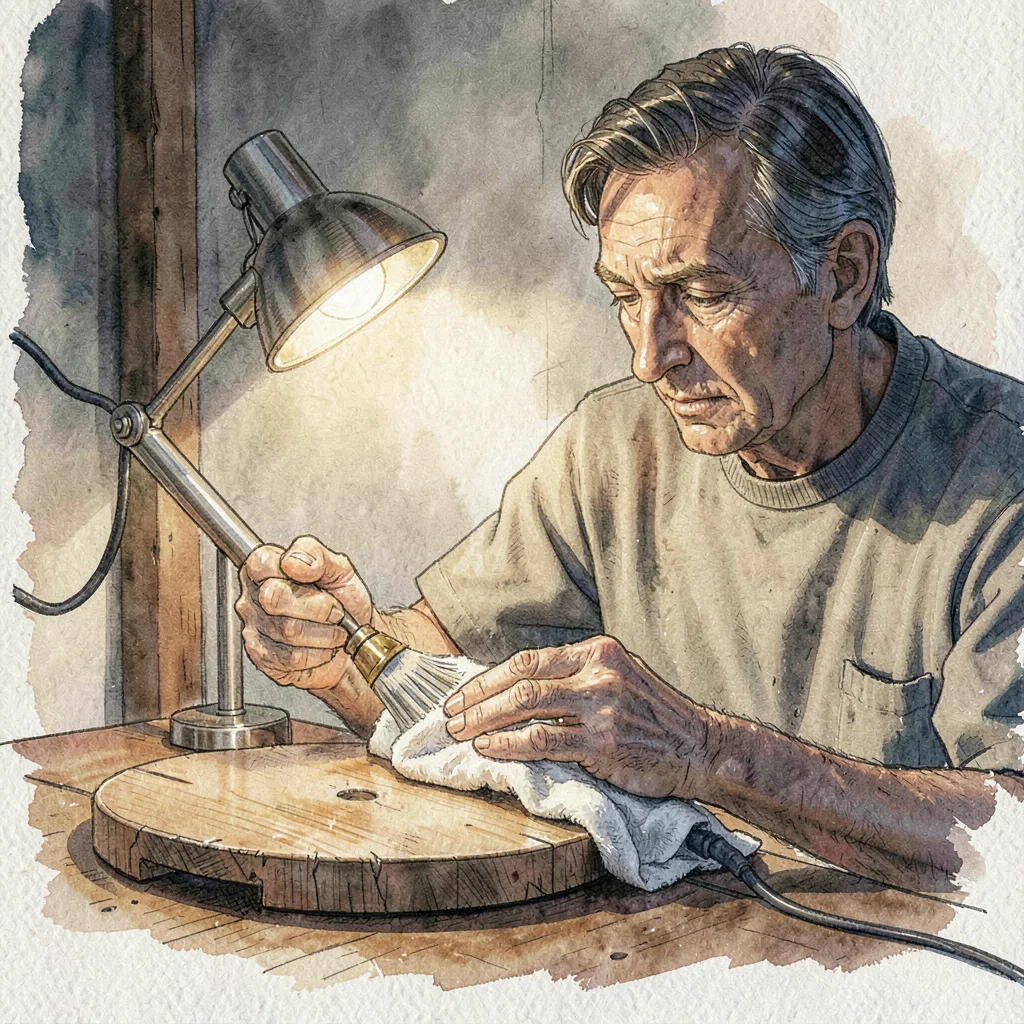 Lamp-lit hands oiling a finished saw plate with a soft cloth, warm side-light