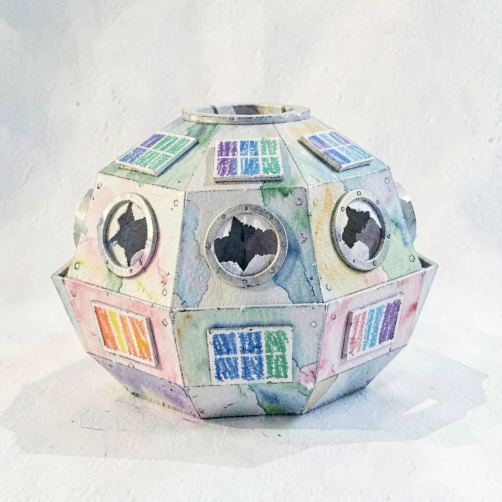 A pop-up paper space-station with torn-paper portholes and crayon-striped solar 