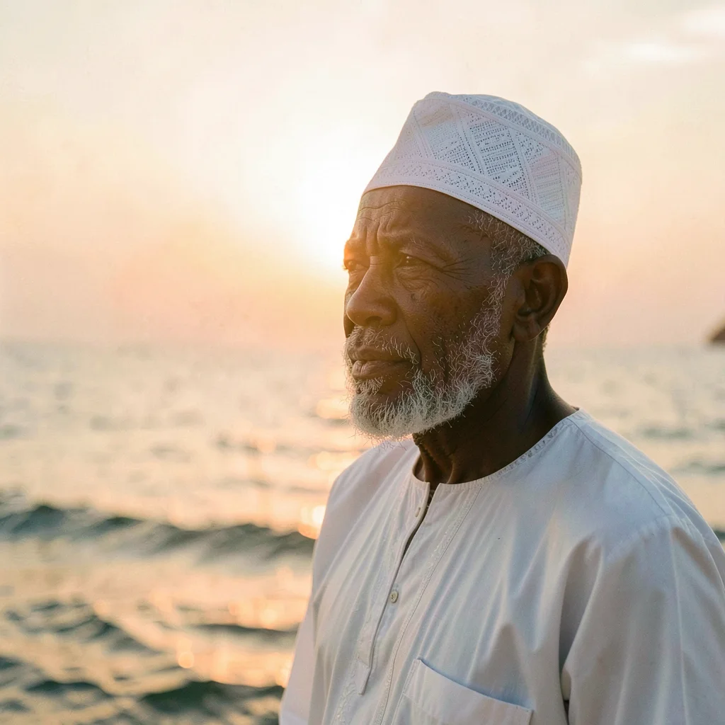 Peachy golden Dakar sunset light through sea haze, Elder man in white boubou and