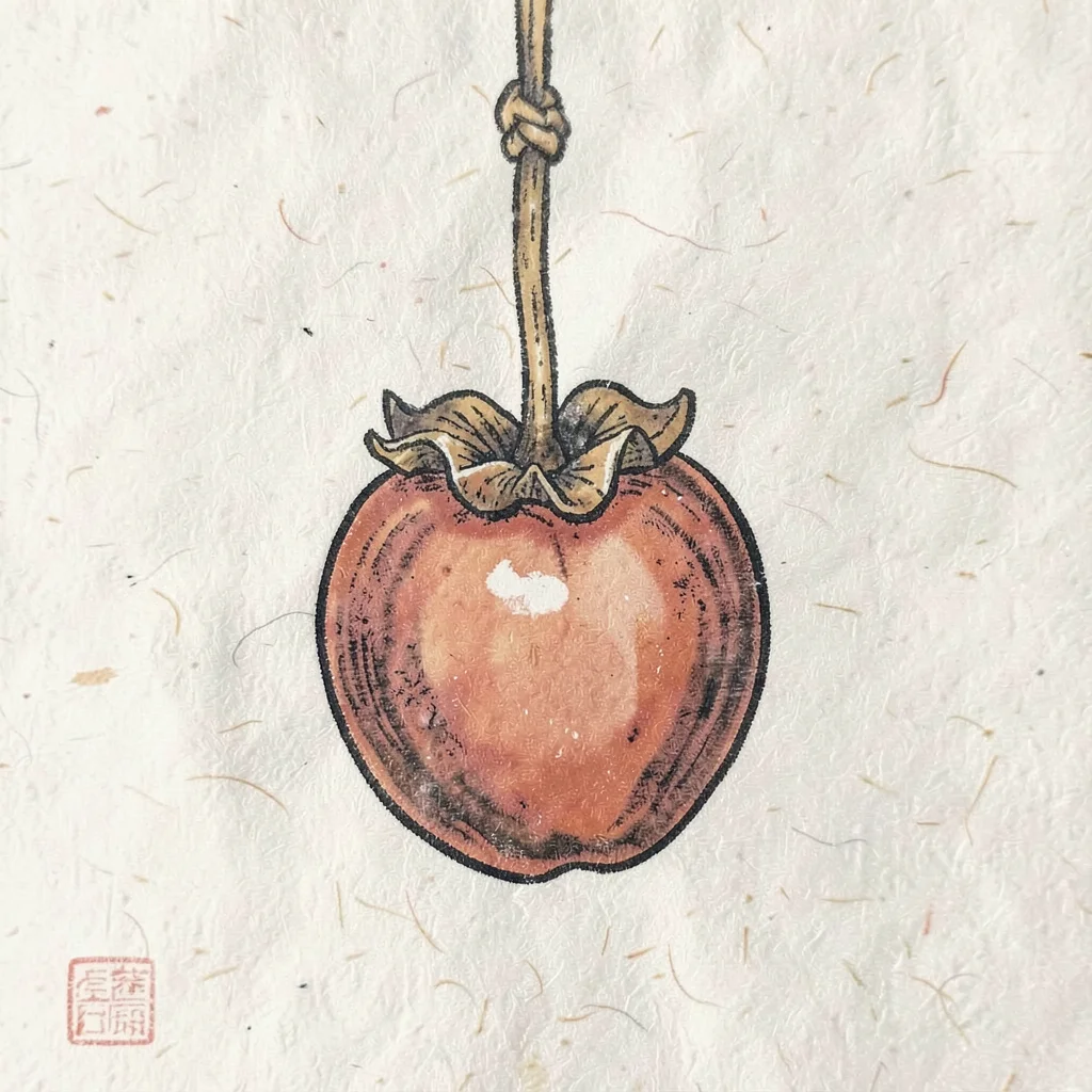 Single dried persimmon hanging on a cord, close-up
