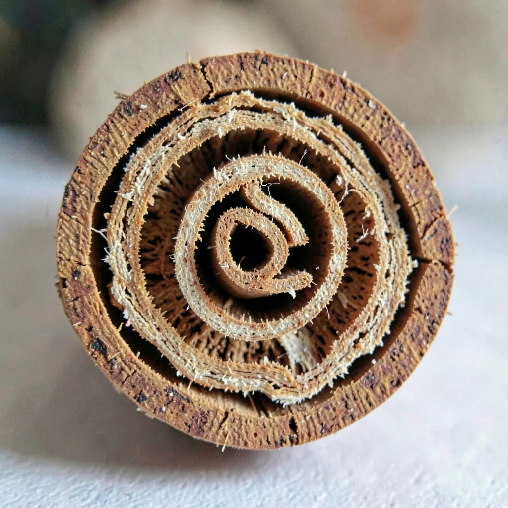 Cross-section macro of a cinnamon quill showing tight inner curls and bark layer