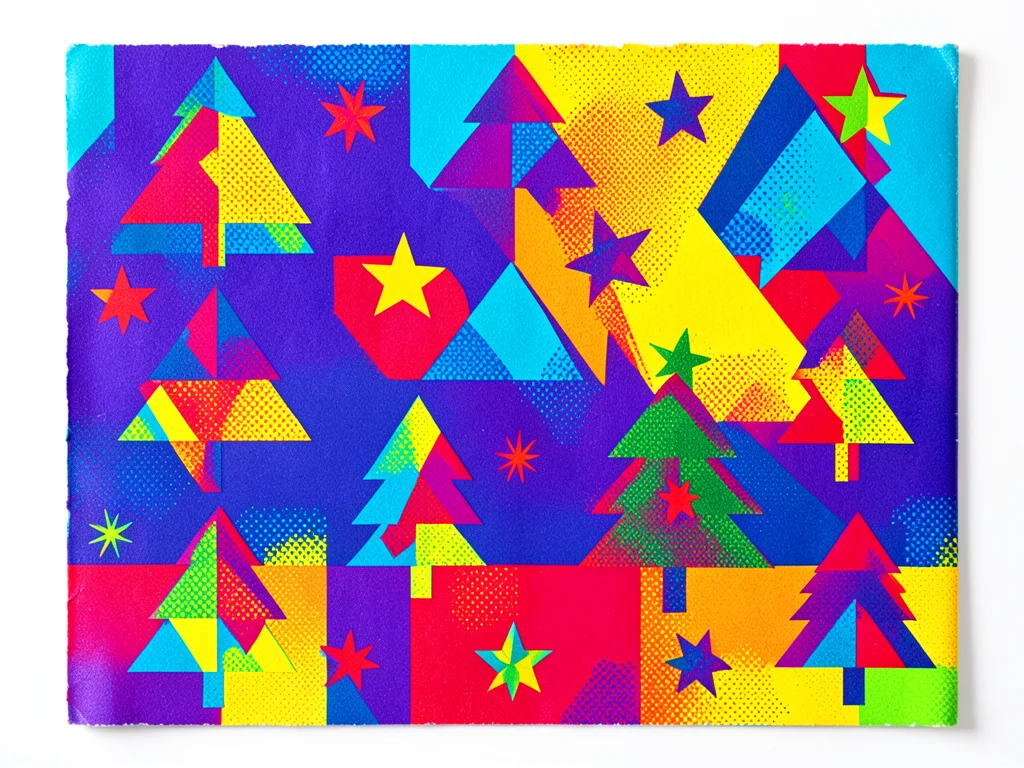 Memphis-style Christmas wrapping paper design, geometric trees and stars, neon