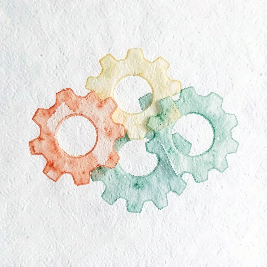 small geometric gear-train abstract — three interlocking gears in coral, butter,