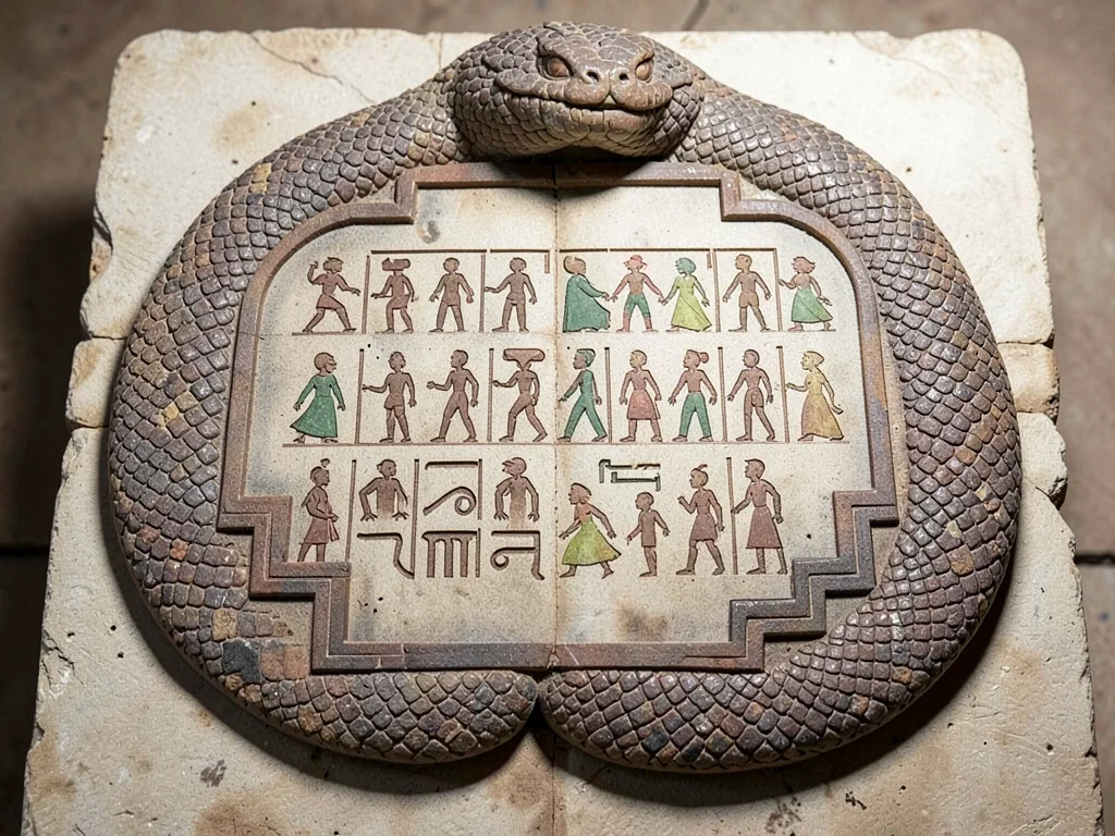 Carved stone relief panel — serpent body forming stepped border frame, close-up