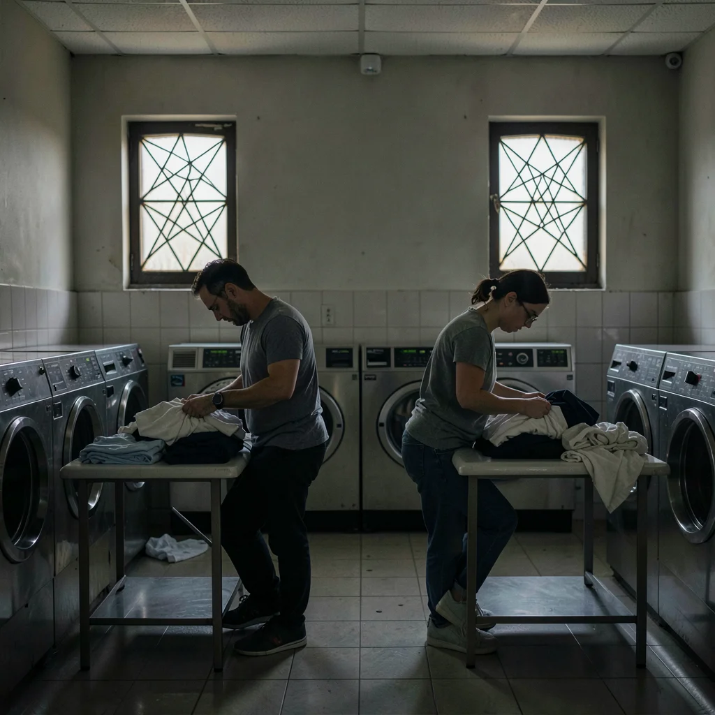 Two strangers folding clothes in silence at adjacent tables