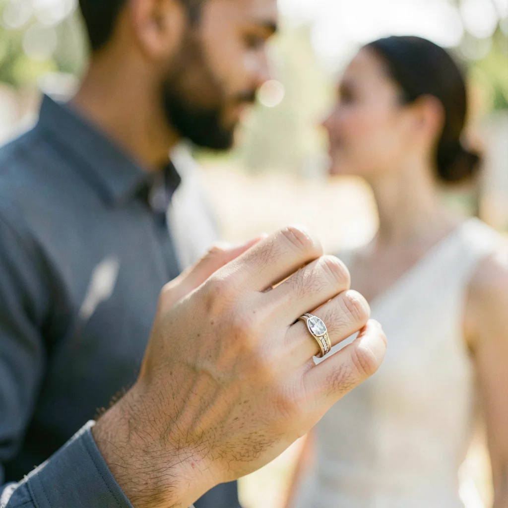 Engagement ring on finger, couple beyond blurred