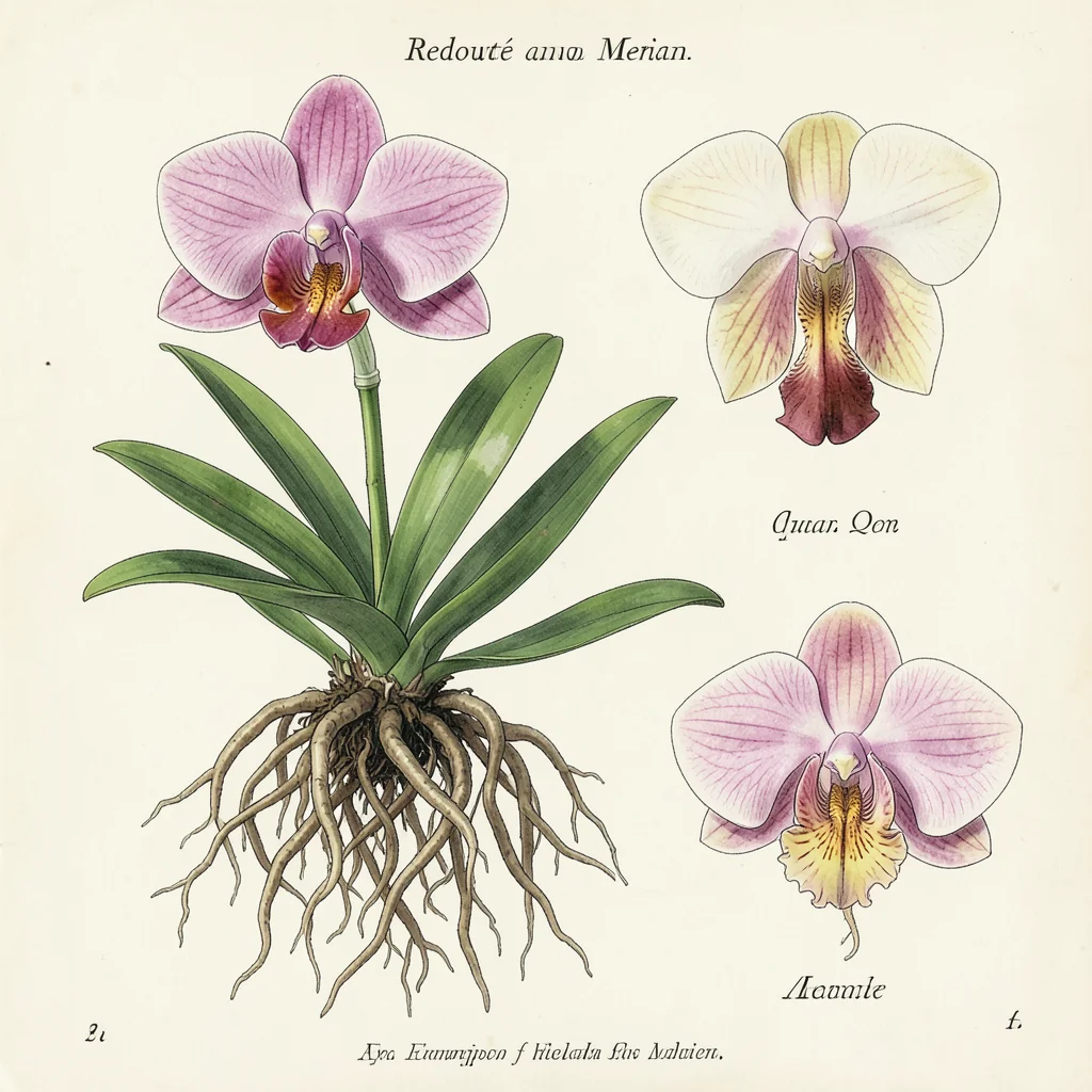 A tropical orchid plate: Phalaenopsis showing full plant with aerial roots, flow