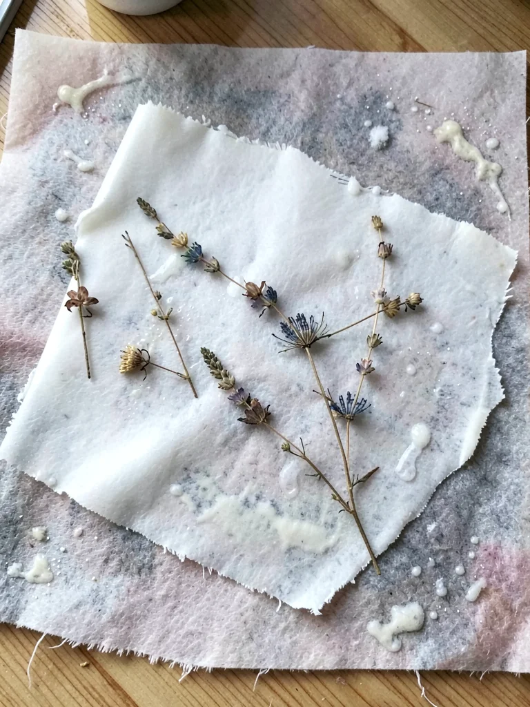A wet sheet of handmade paper couched onto a damp felt, still translucent