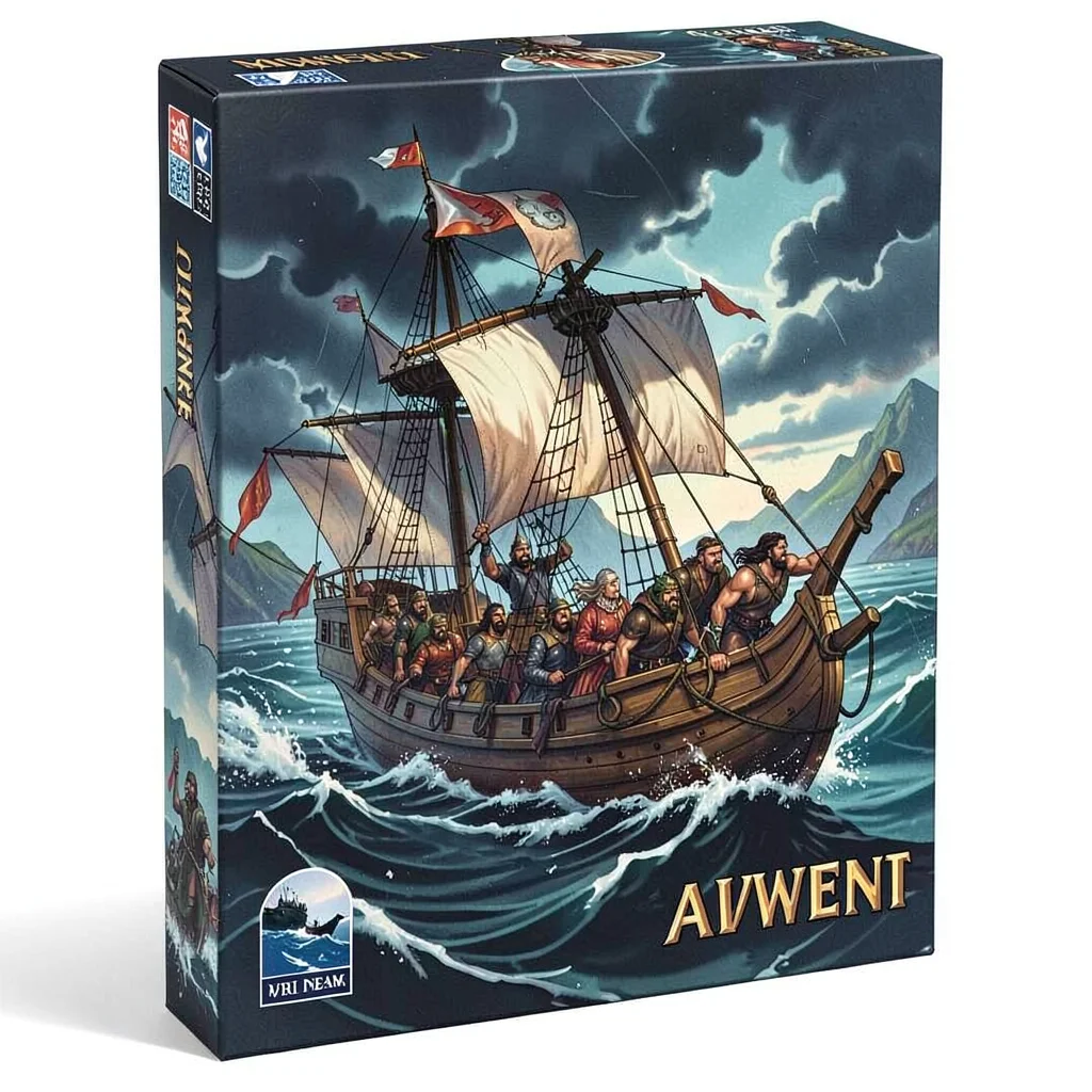Board game box illustration, a Viking longship voyage with warriors, stormy seas
