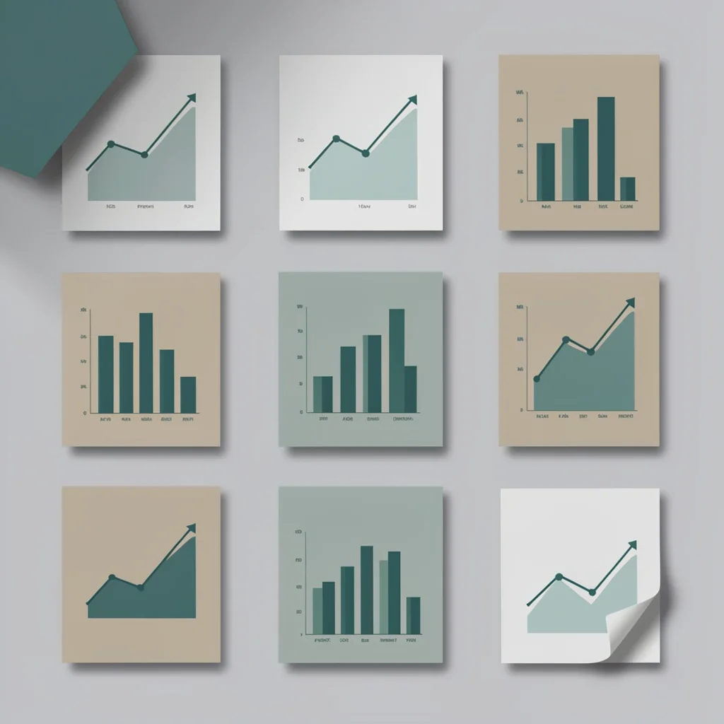 A 2x3 grid of six abstract chart-and-graph mockups in muted teal and clay, drop-