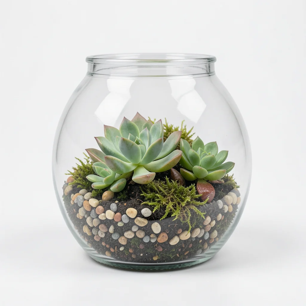 A glass terrarium with miniature succulents, pebbles, and moss inside, on a clea