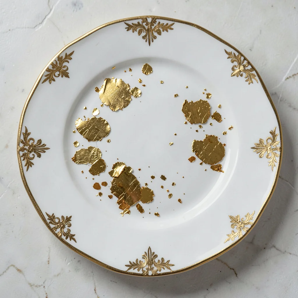 An overhead view of a white ceramic plate with gold leaf scattered in clusters