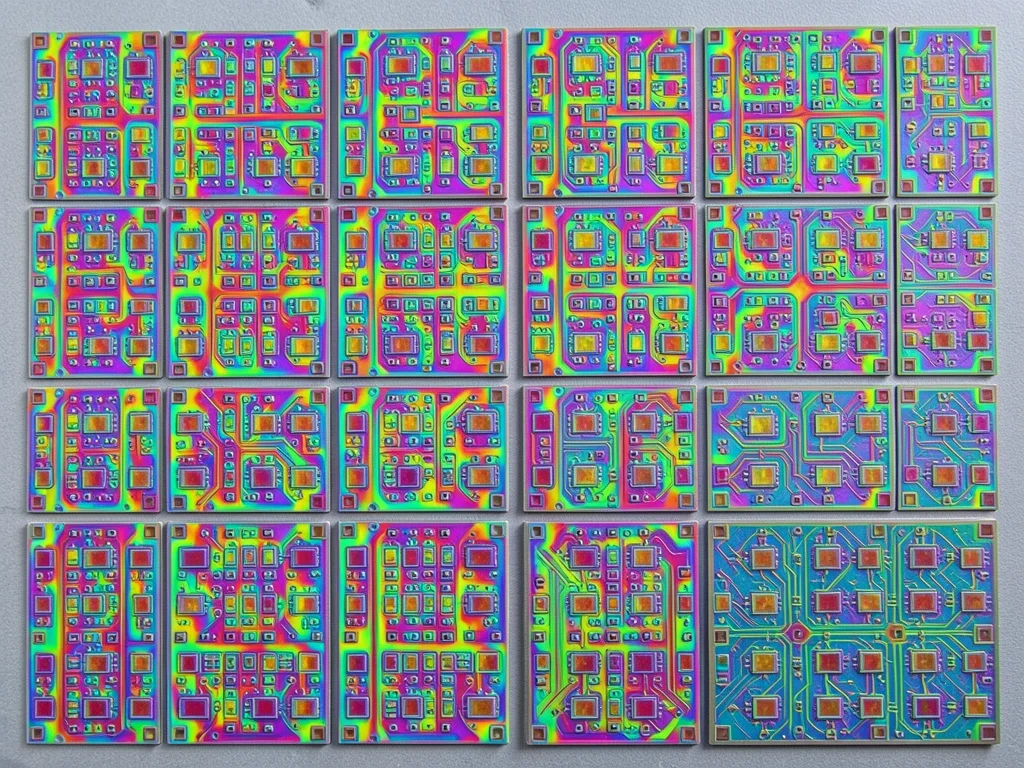 Bare silicon wafer surface, hundreds of identical die repeated in grid, pre-dici