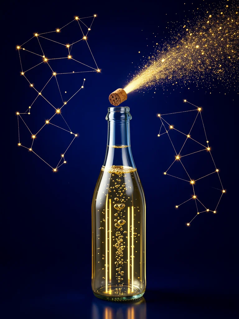 A champagne bottle uncorking in extreme slow motion, the cork trailing a comet t