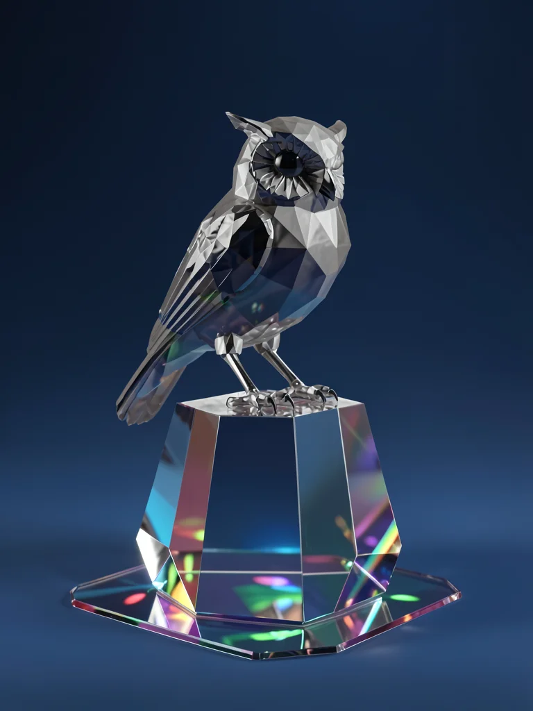 Smoke-gray glass owl perched on a faceted plinth against an ink-blue gradient ba