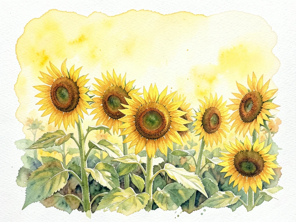 A field of sunflowers, the nearest blooms in crisp dry-brush detail, the field b