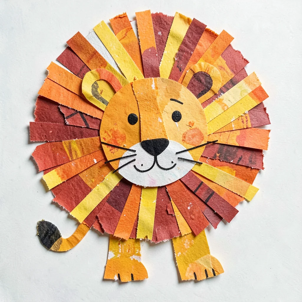 Paper collage lion with torn mane