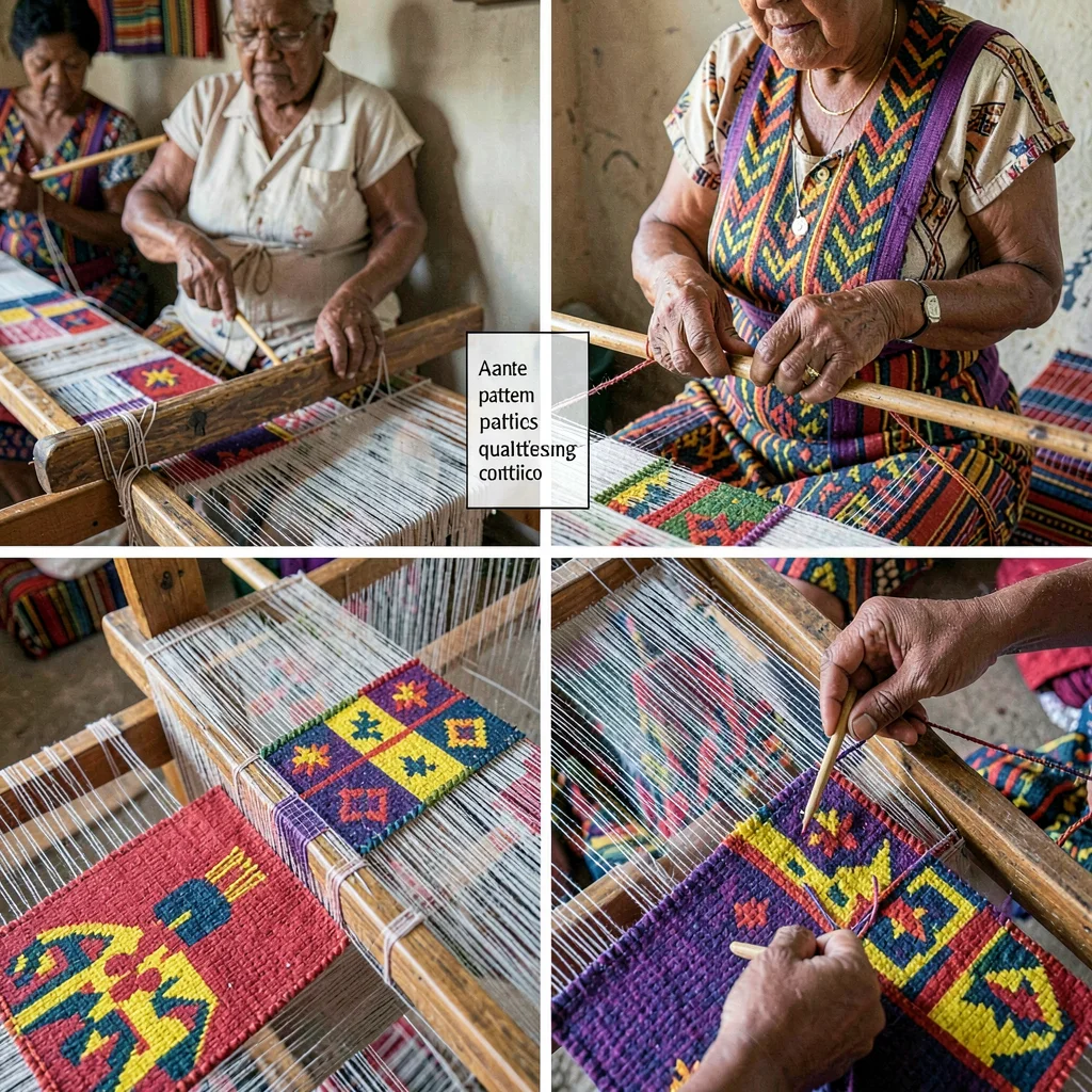 Kumasi kente weaving process, strip loom geometry, Weaver measuring completed st