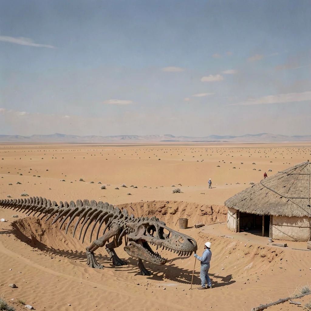 Gobi steppe horizontal, Mongolian vastness, Dinosaur fossil partially excavated,