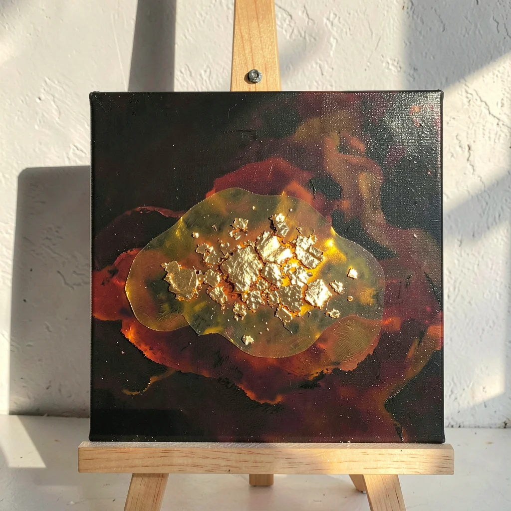 Oil painting on wood panel, luminous and intimate, Tunisian Mediterranean settin