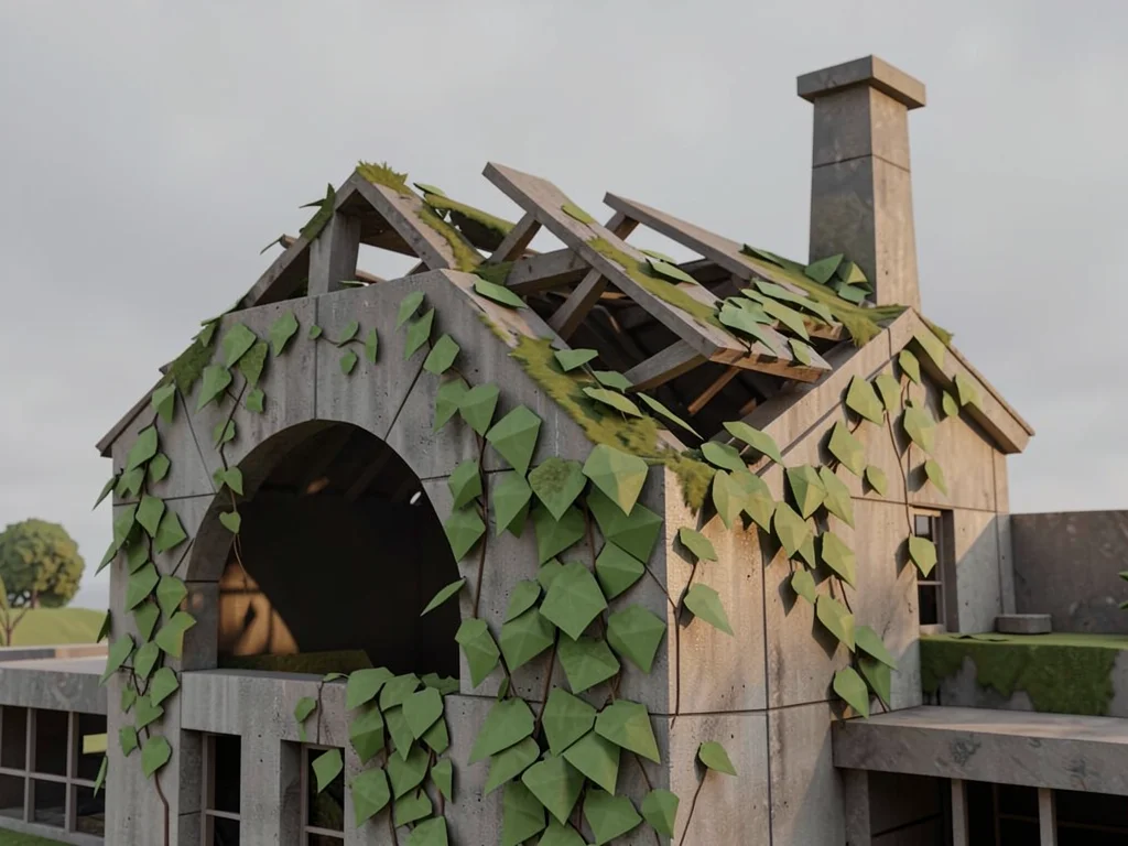 Faceted concrete factory shell half-swallowed by triangular emerald vines, polyg