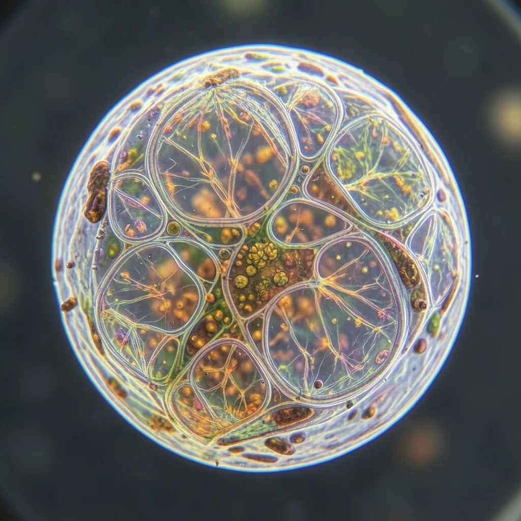 Pollen grain surface sculpture, species-specific texture on microscopic sphere, 