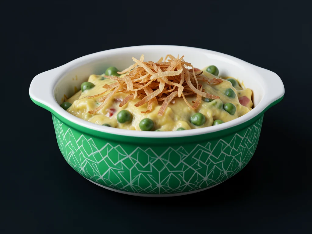 Green bean casserole in ceramic dish with crispy onion topping