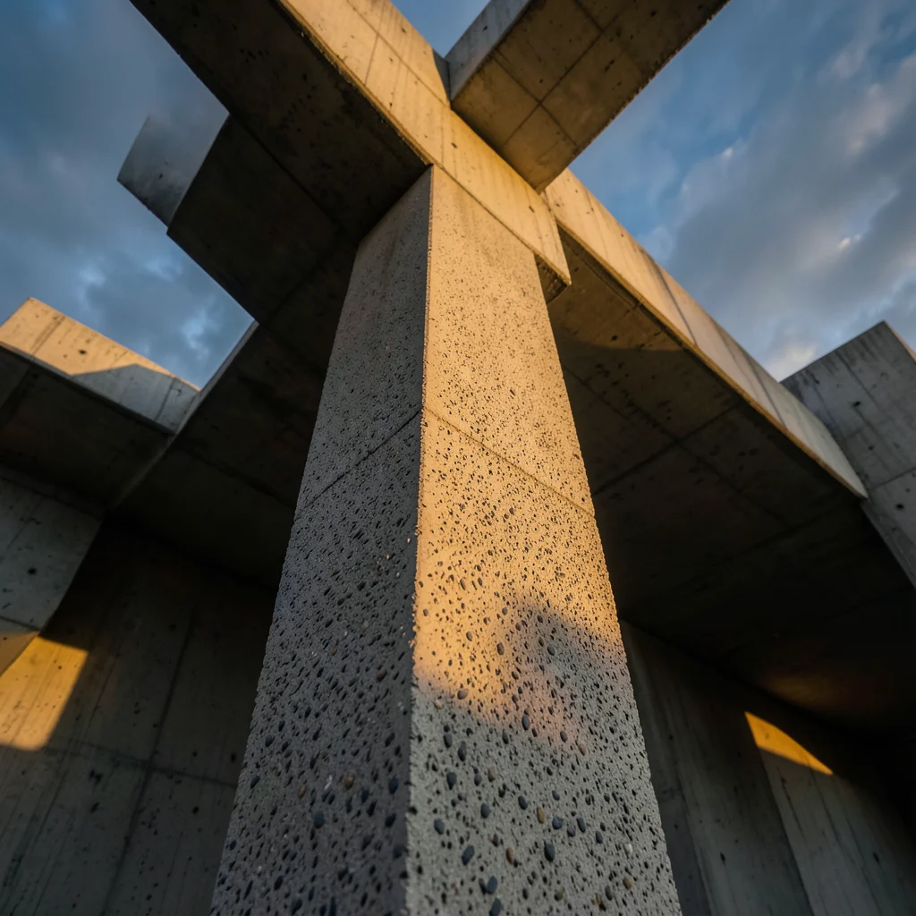 Raw concrete column detail, showing bush-hammered texture revealing the aggregat