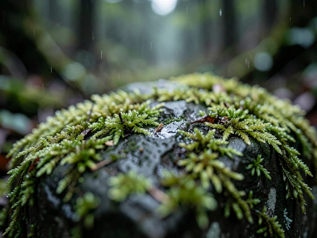 Moss on stone looking impossibly soft and damp in forest shade