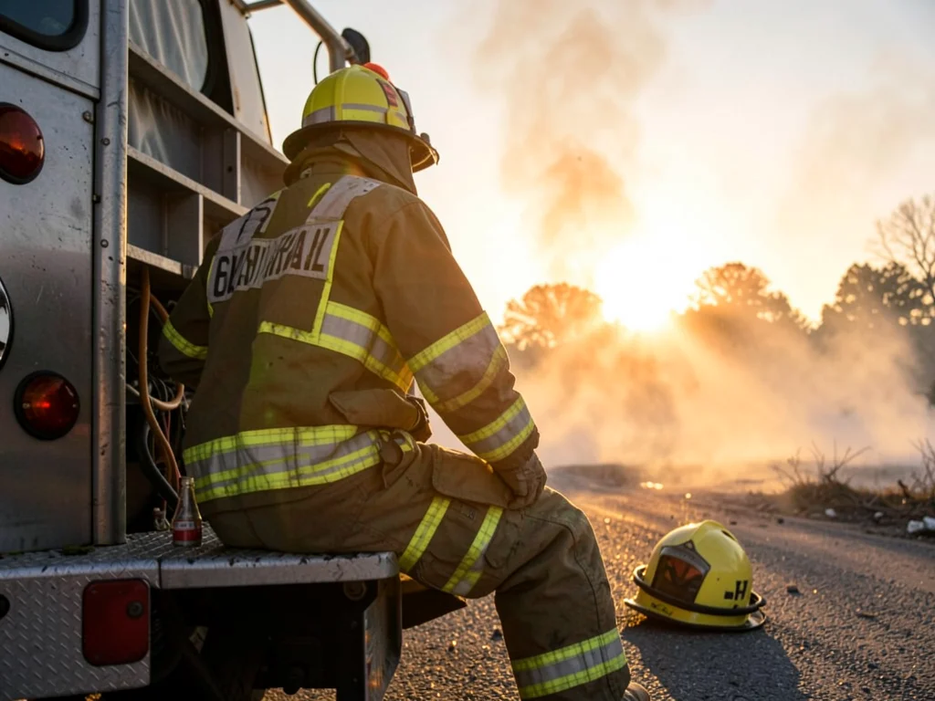 Firefighter sitting on truck bumper after call, backlit by rising sun, smoke sti