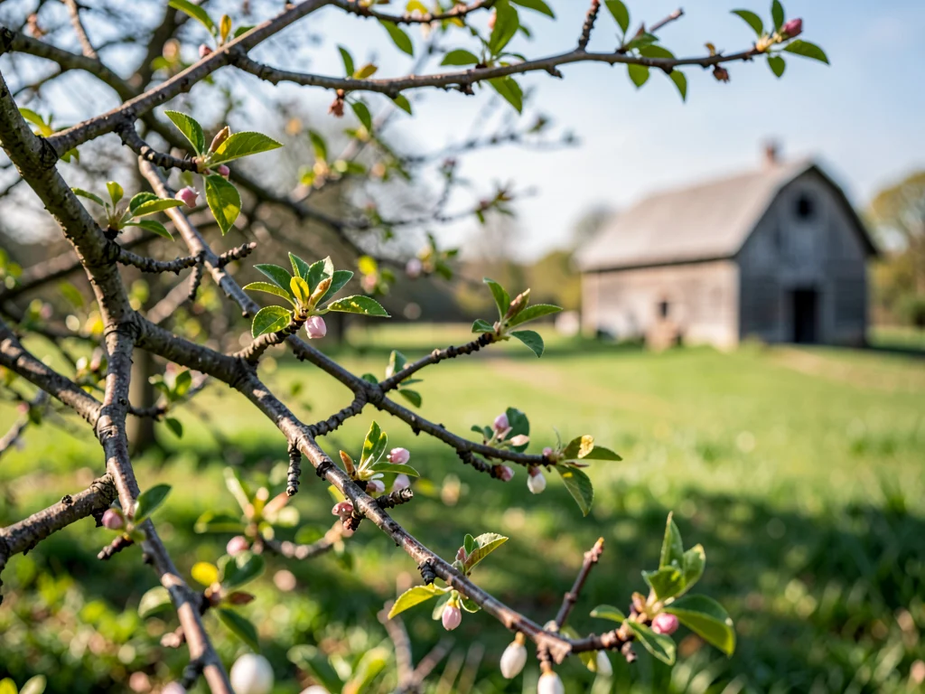 Orchard from near branch to distant barn