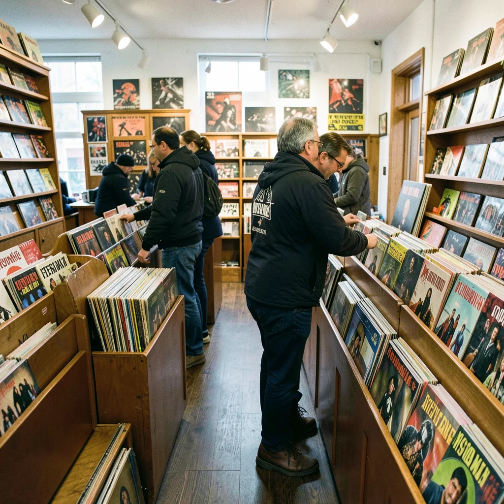 Record store vinyl browsing