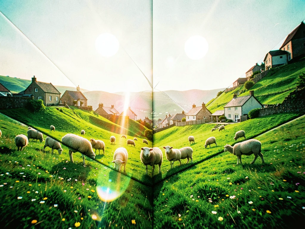 A pastoral village folded back onto itself like origami, two suns rising from be