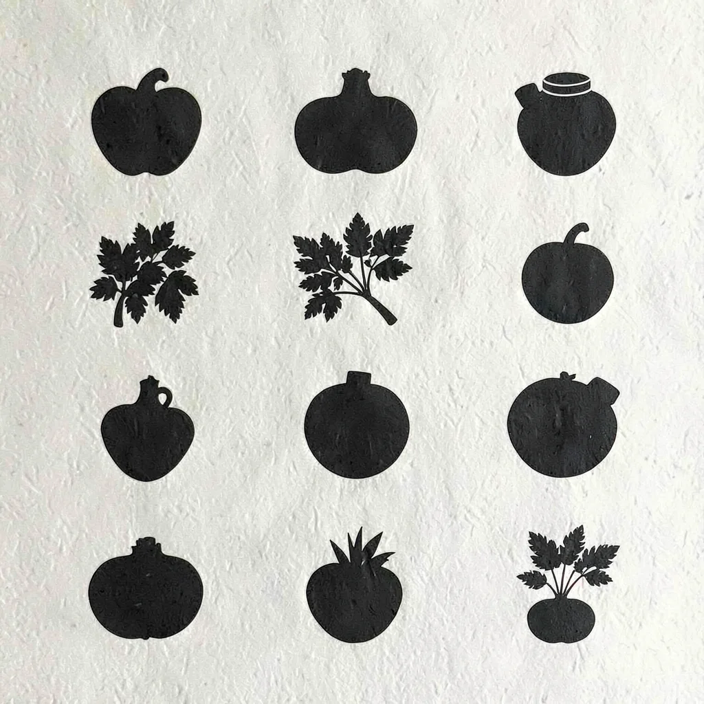 Modular grid of twelve ingredient silhouettes on cream card, faint paper grain