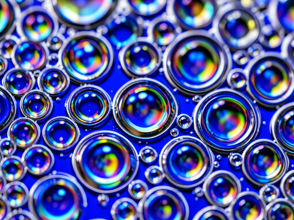 Oil on water with blue gel beneath, cobalt blue shining through each transparent