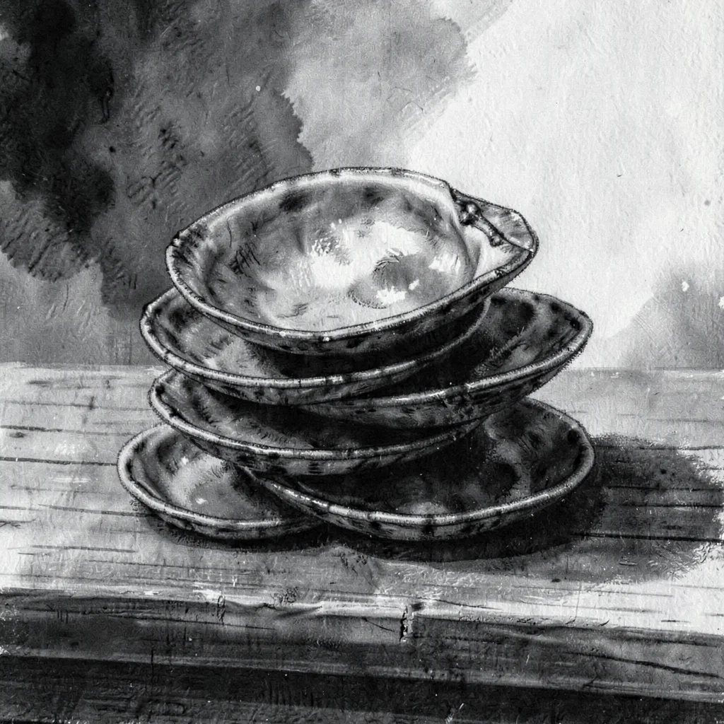 Charcoal editorial study of a stack of clamshells on a wooden counter, smudged s