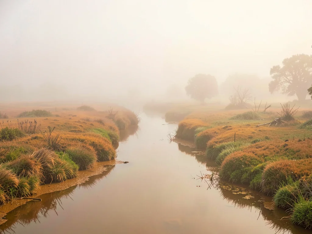 Saltmarsh creek winding under low fog, banks of muddy ochre, sky and water joine
