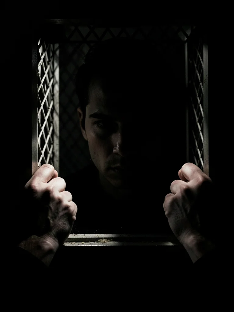 Hands gripping confession booth screen from inside, single shaft of light throug