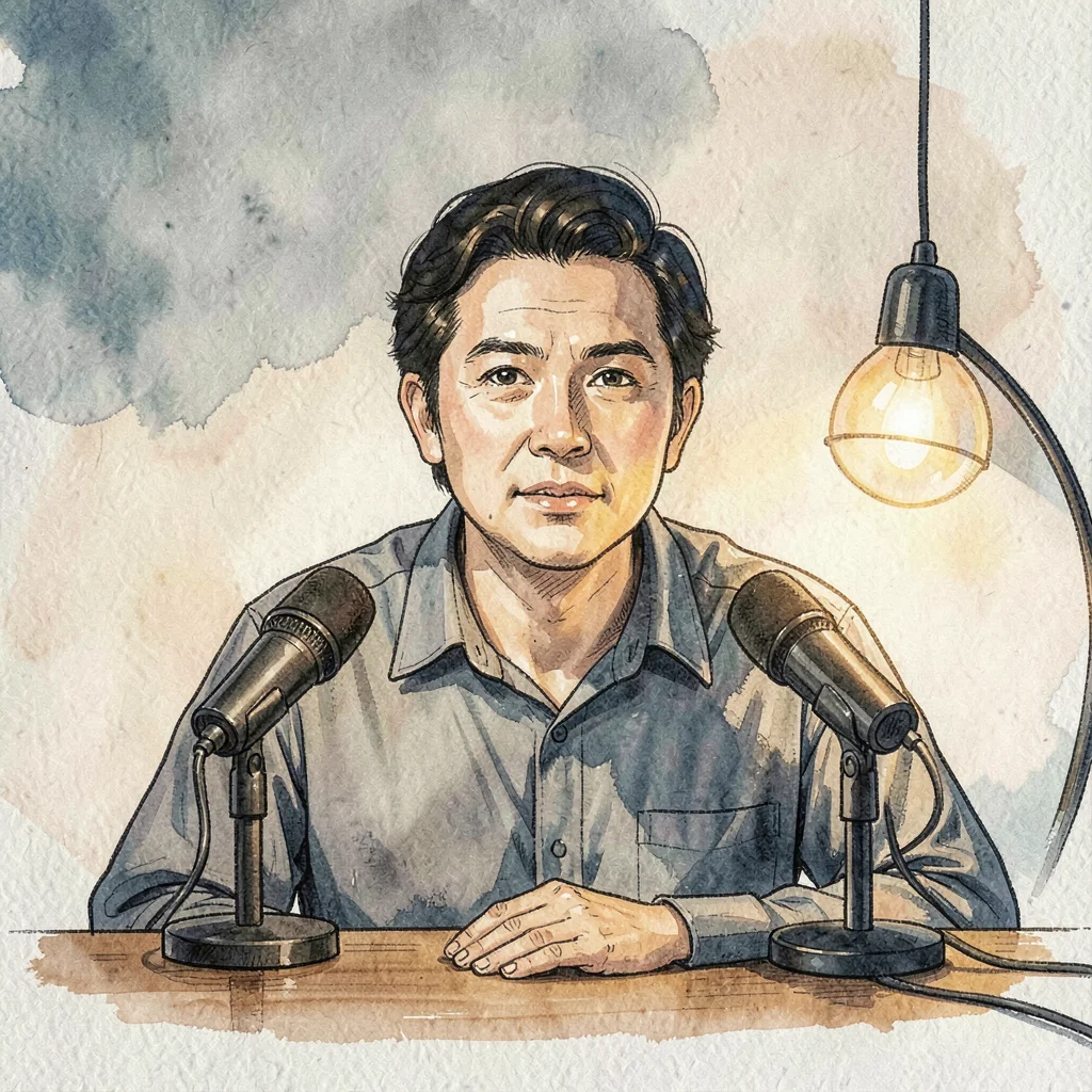 Soft lamp-line portrait of a guest interview at a small table, two mics and warm