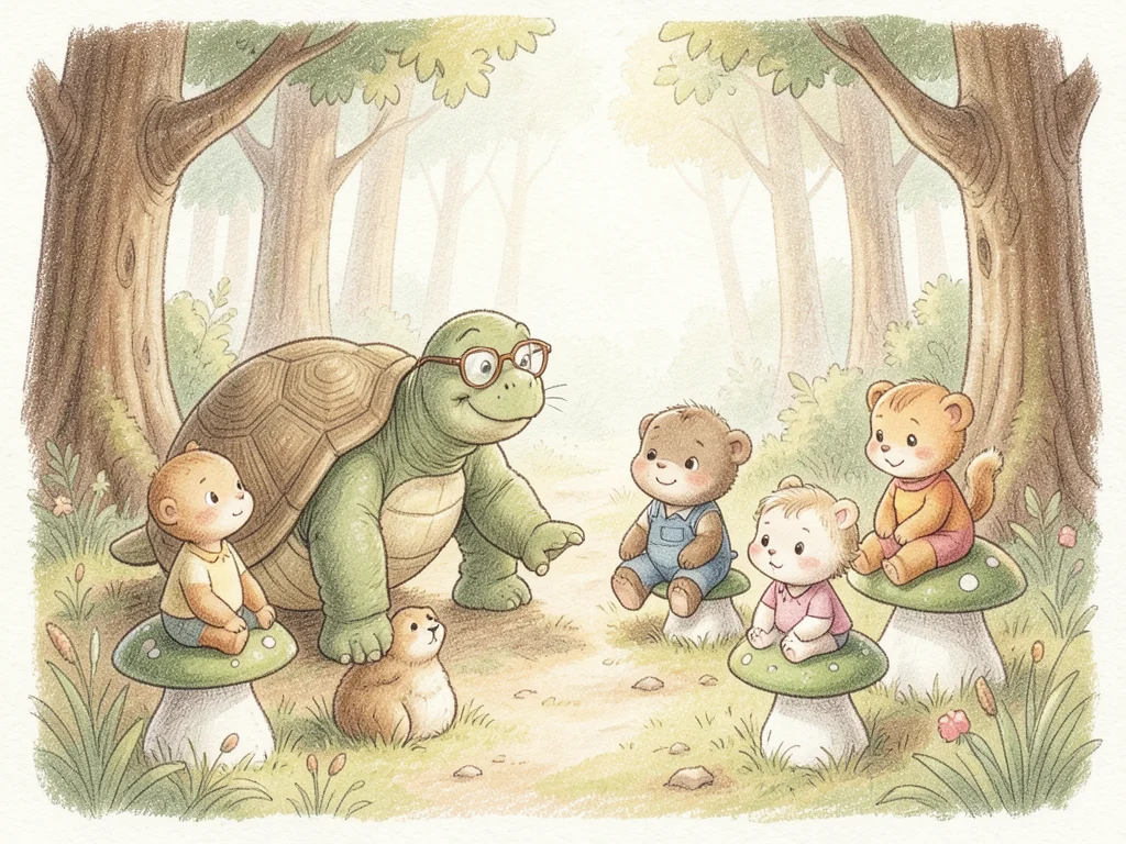 An old tortoise wearing spectacles, teaching a class of baby animals who sit on 