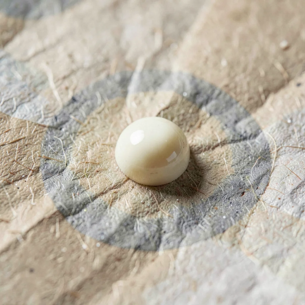 Glue-spot raised dome on parchment glistening softly in cream highlight against 