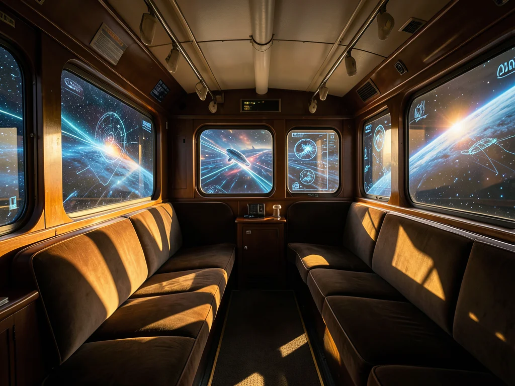 Vintage luxury train car interior with holographic windows showing hyperspace tr