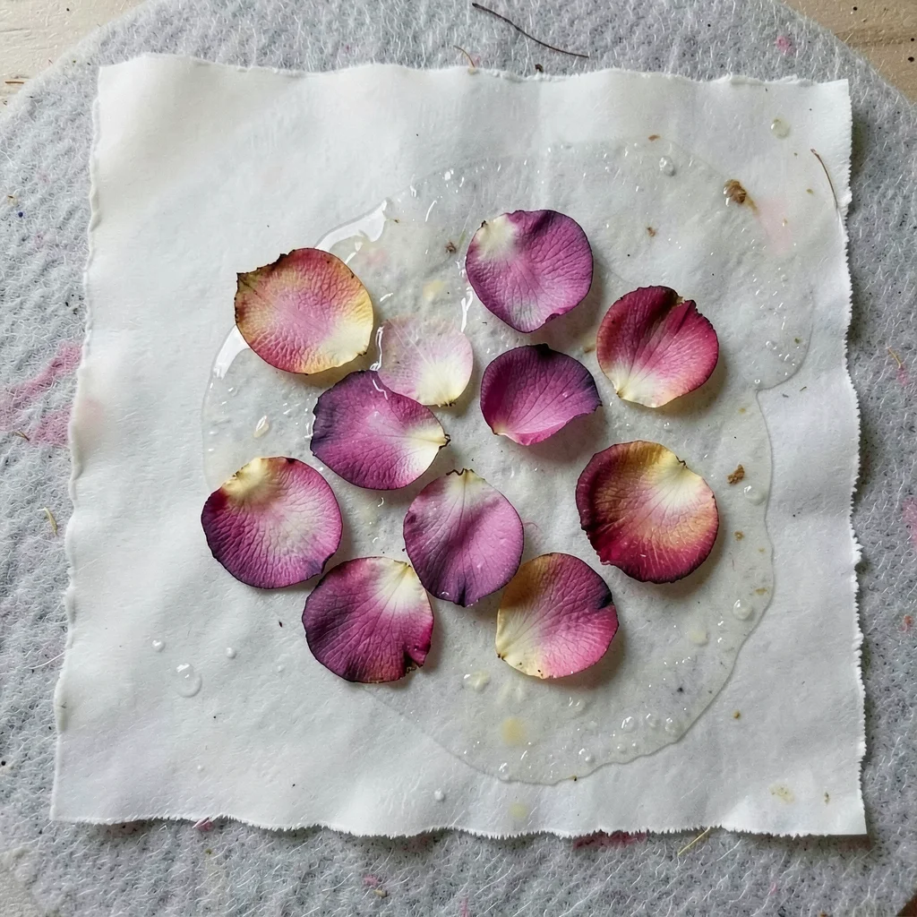 A pressed dried rose petal embedded in a translucent handmade sheet, petals spre
