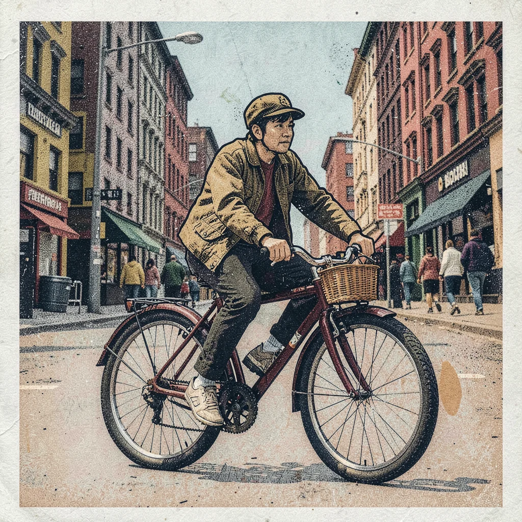 Risograph-style illustration, person riding bicycle in city , spot color layer s