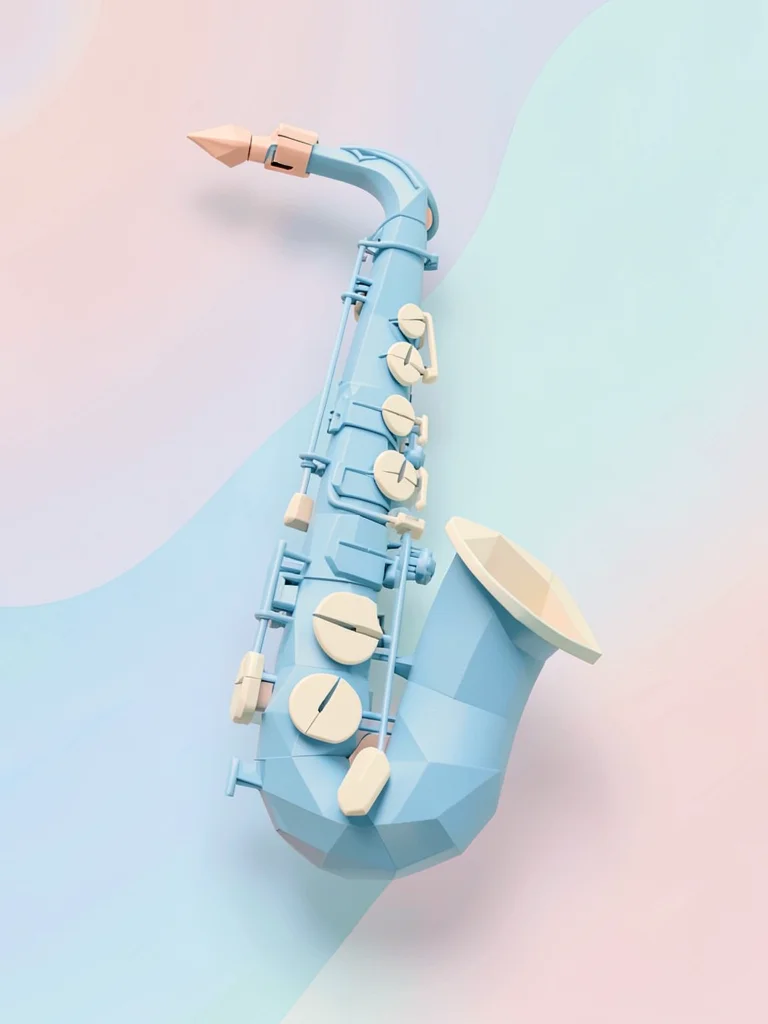 Curvy sky-blue lowpoly saxophone with cream key pads and a faceted peach mouthpi
