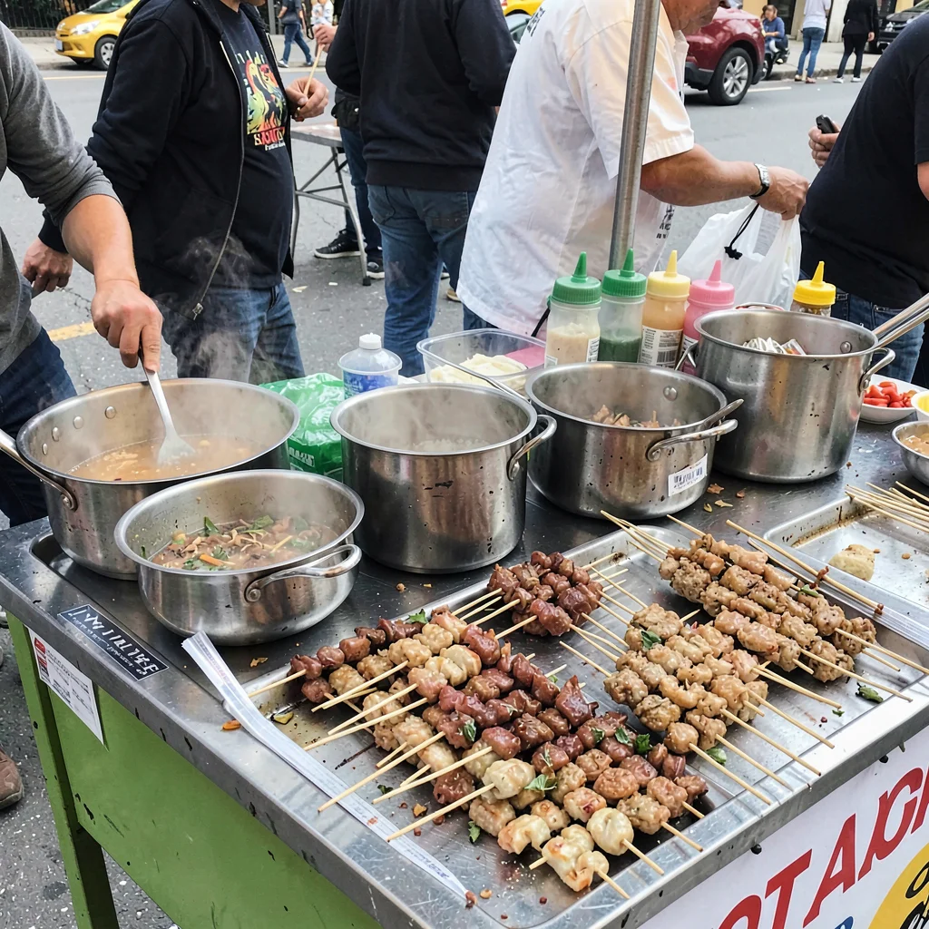 Street food cart with multiple pots bubbling, skewers arranged in rows, condimen