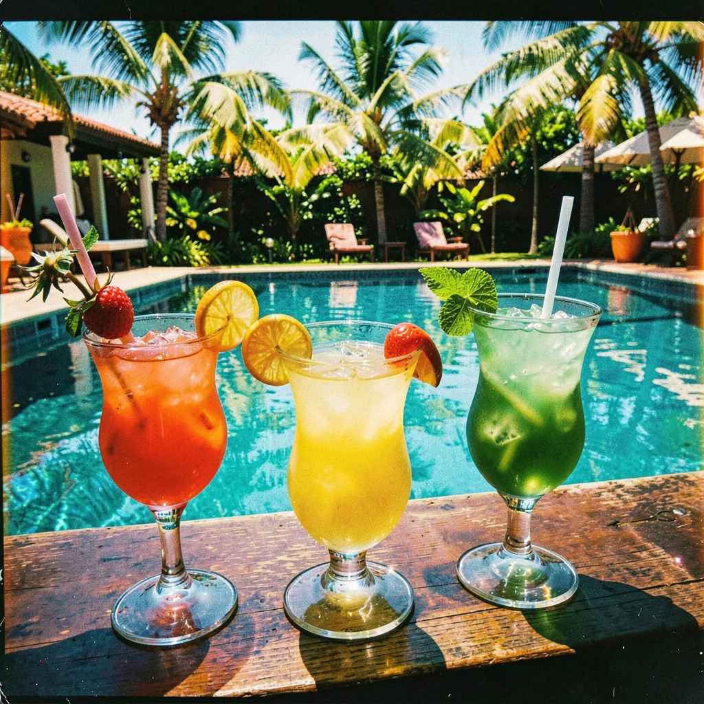 Cross-processed slide film photograph, Tropical cocktails on poolside bar, garni