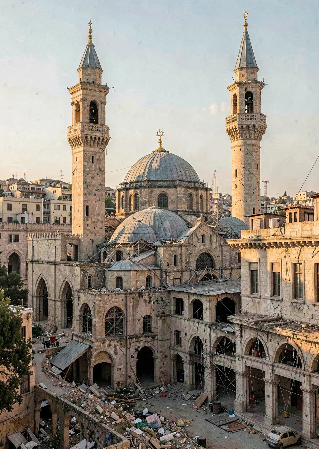 Mediterranean hard light on Beirut's wounded elegance, mosque minaret beside chu