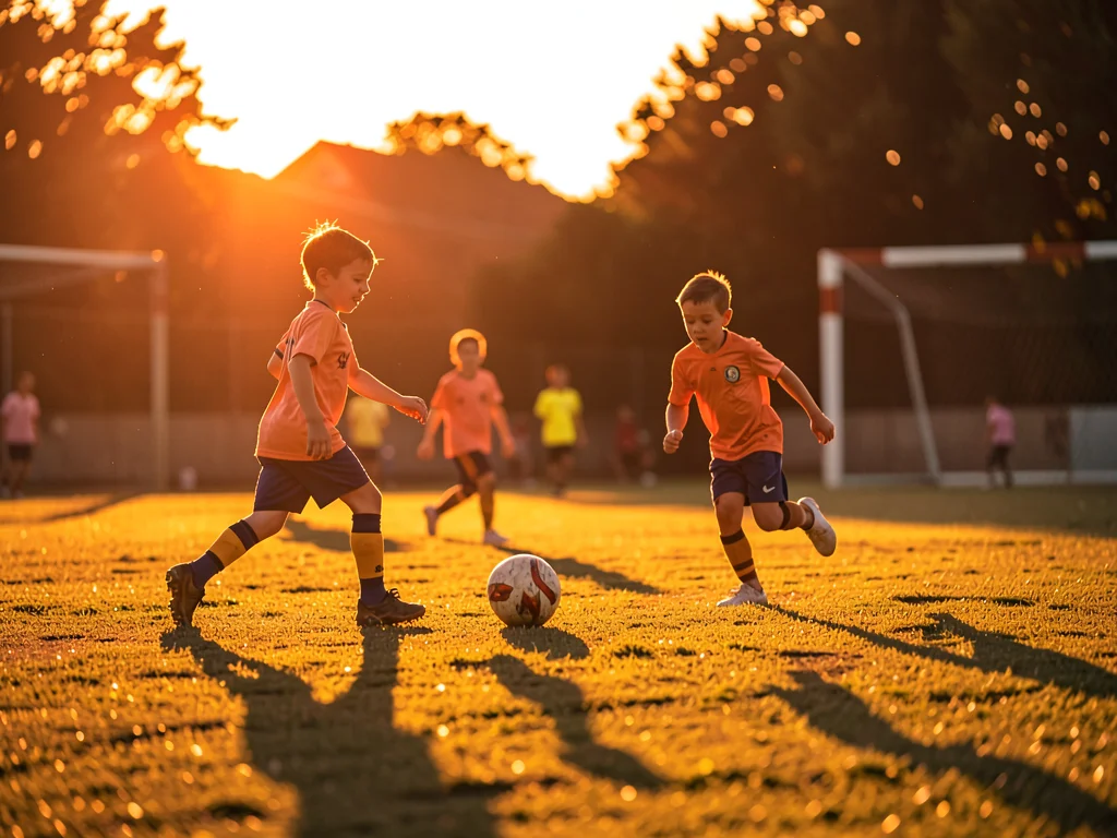 Children playing soccer in evening light