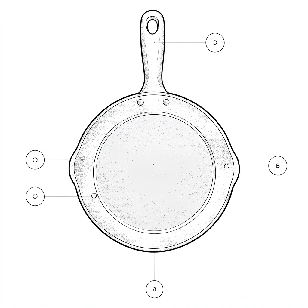 Linework of a single cast-iron skillet from above, handle rivets called out by a